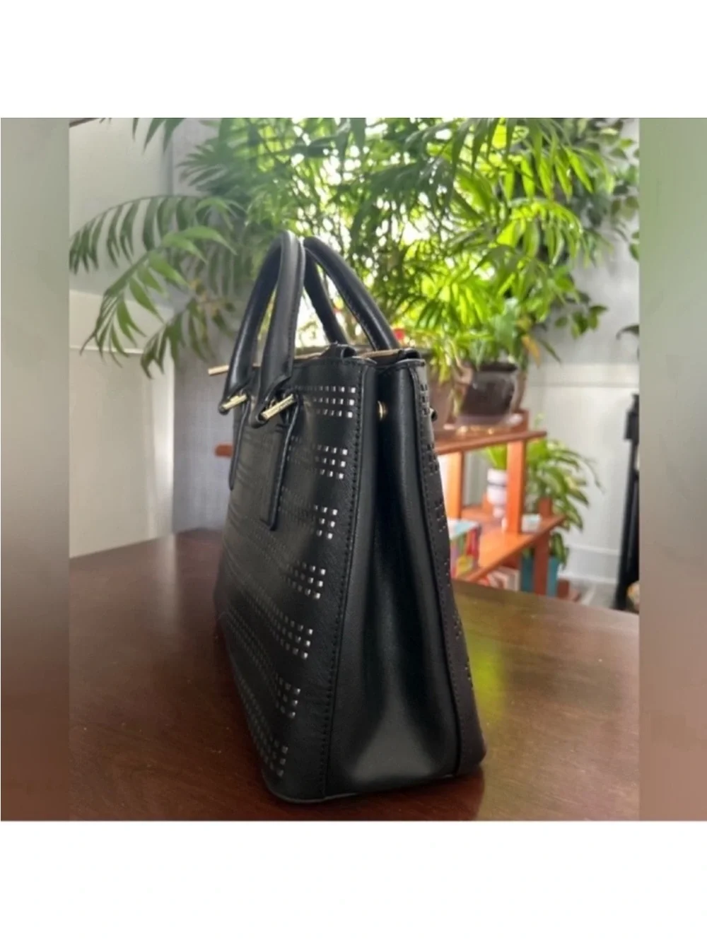 Tory Burch Black Perforated Leather Tote with Gold Logo
